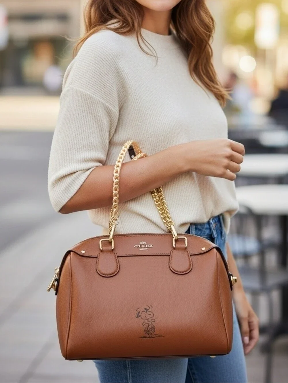 Coach x Peanuts Limited Edition Snoopy Brown Leather Satchel - Custom Gold Chain